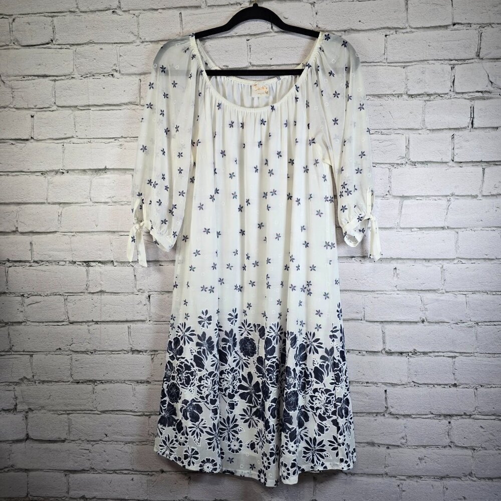 WOMENS SIREN LILY FLORAL A-LINE DRESS, WHITE WITH NAVY LINED SIZE LARGE